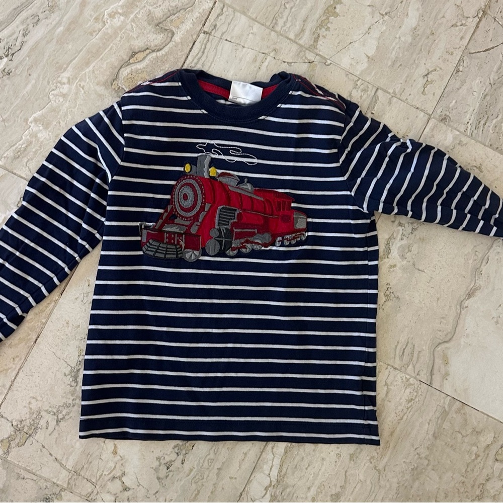 Hanna Andersson Striped Navy Tee with Red Train
